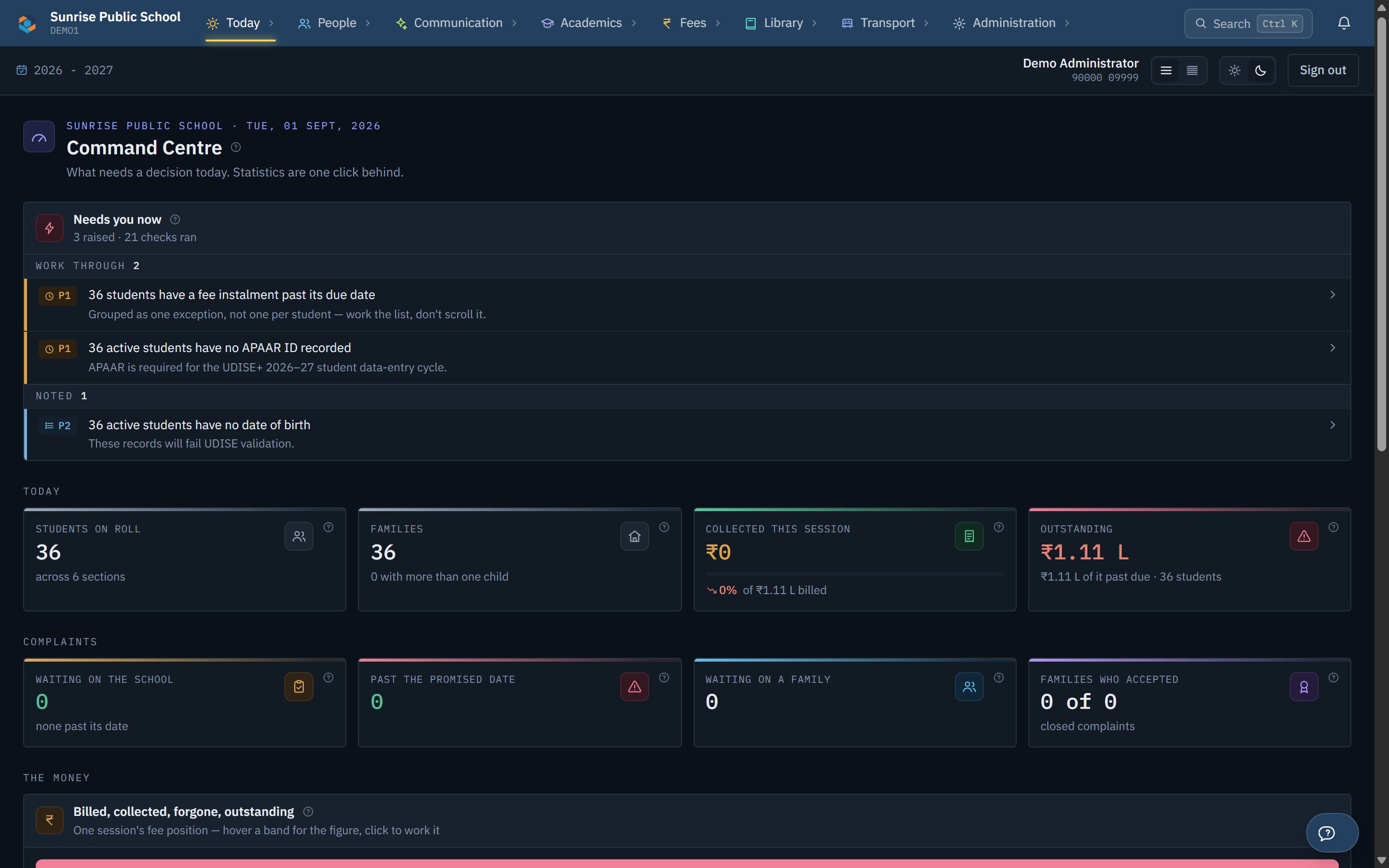 SchoolERPMaX admin dashboard — Command Centre showing students on roll, outstanding fees and daily exceptions