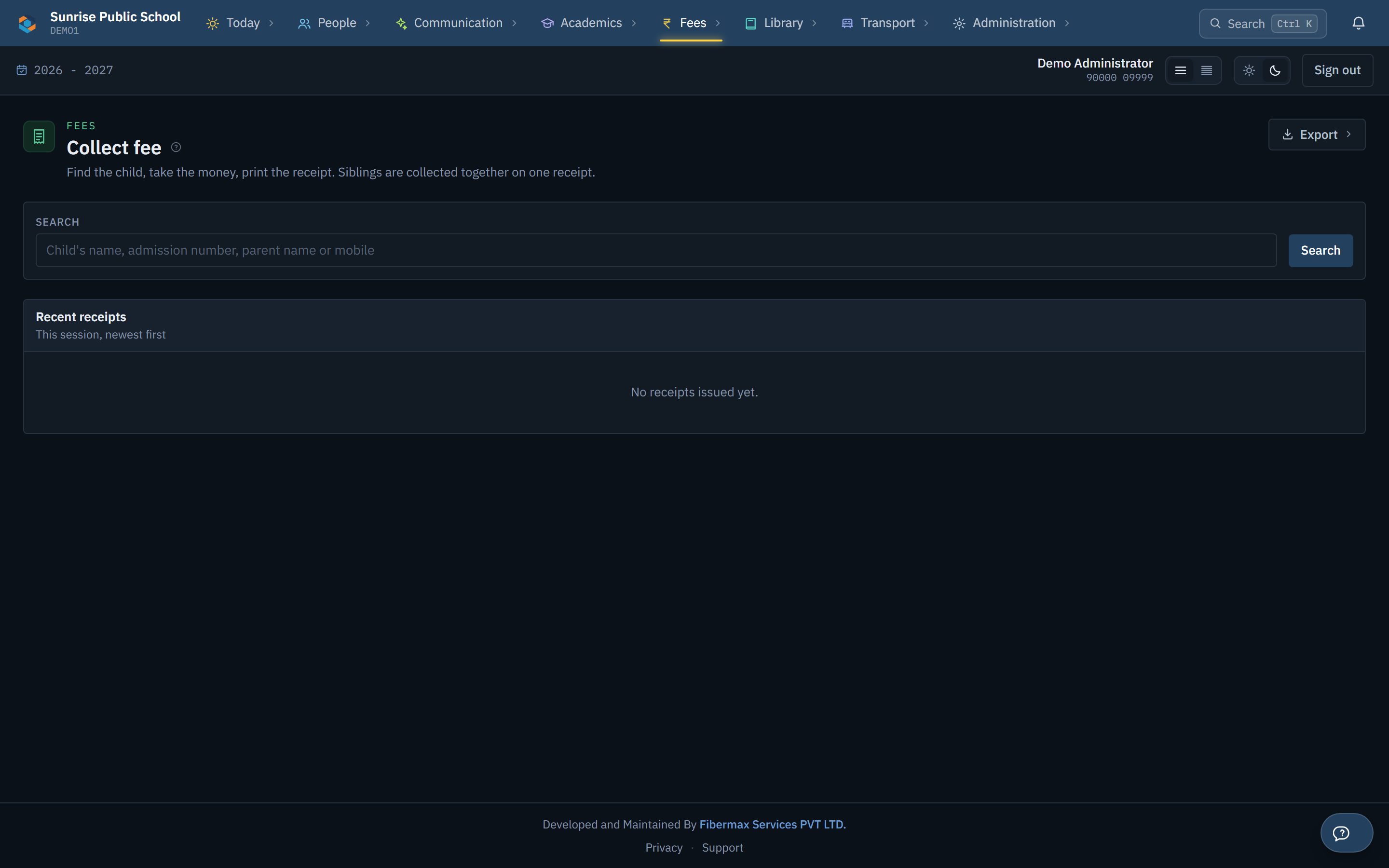 SchoolERPMaX fee collection — search a student, take payment, generate a receipt
